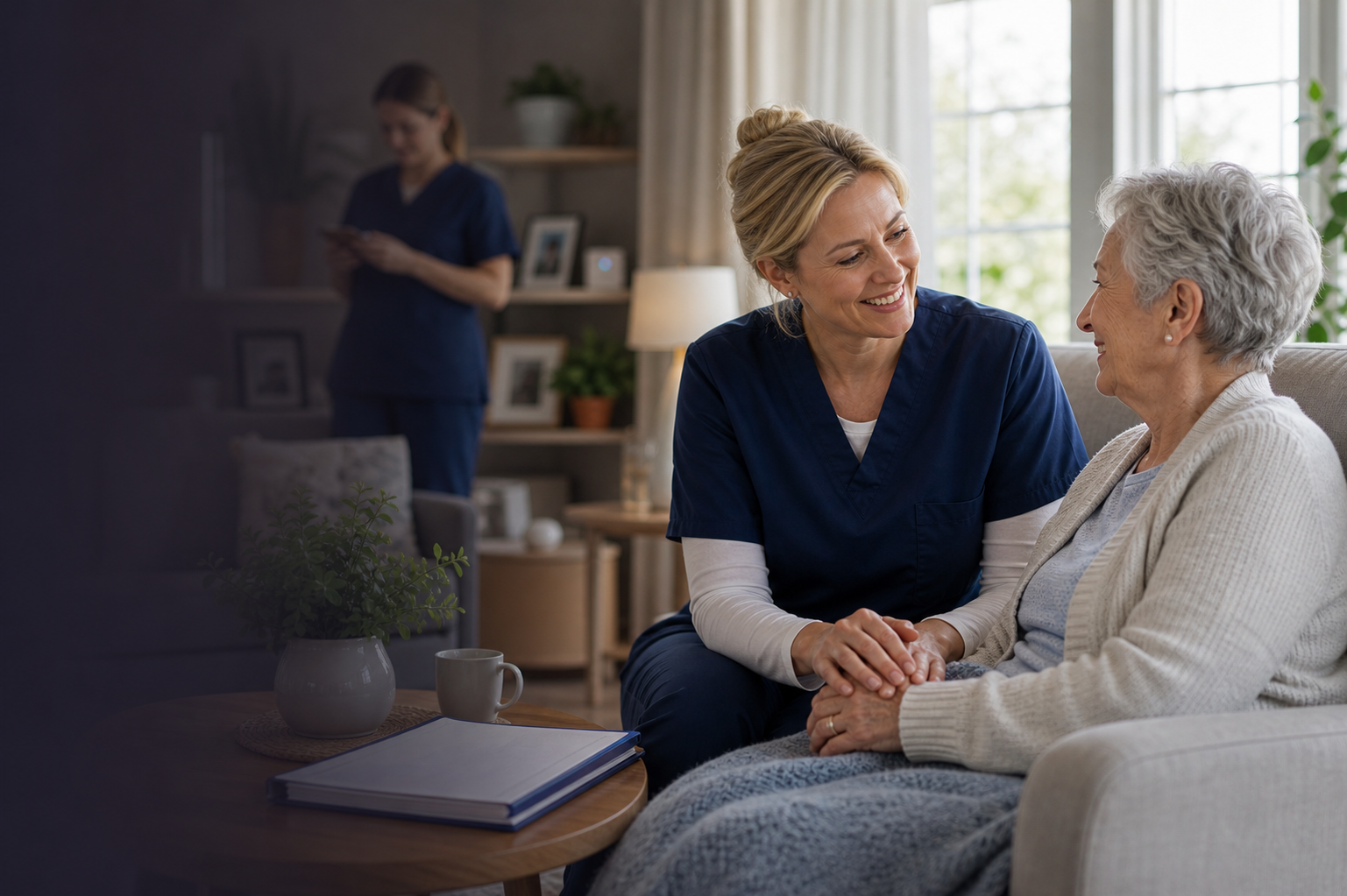 Swedish caregiver and senior sharing a human care moment in a calm CairView setting